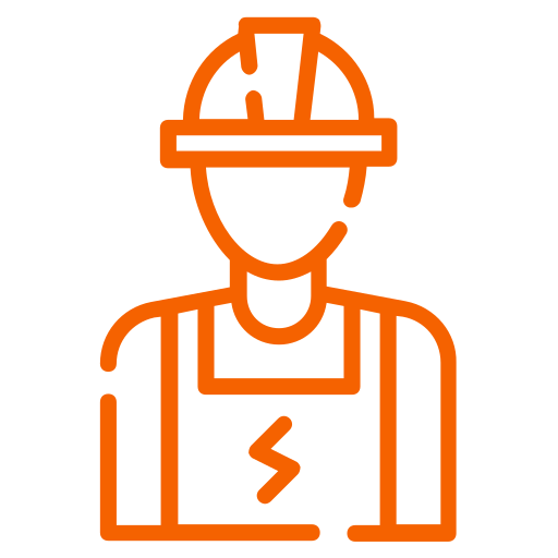 Orange outline icon of a construction worker wearing a hard hat and overalls, featuring a lightning bolt on the chest—ideal for representing an electrical apprenticeship program in Arizona.