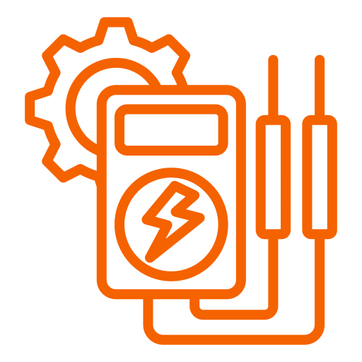 Orange line icon of a multimeter with a gear and probes, symbolizing electrical measurement and equipment testing—perfect for representing an Electrical apprenticeship program in Arizona.